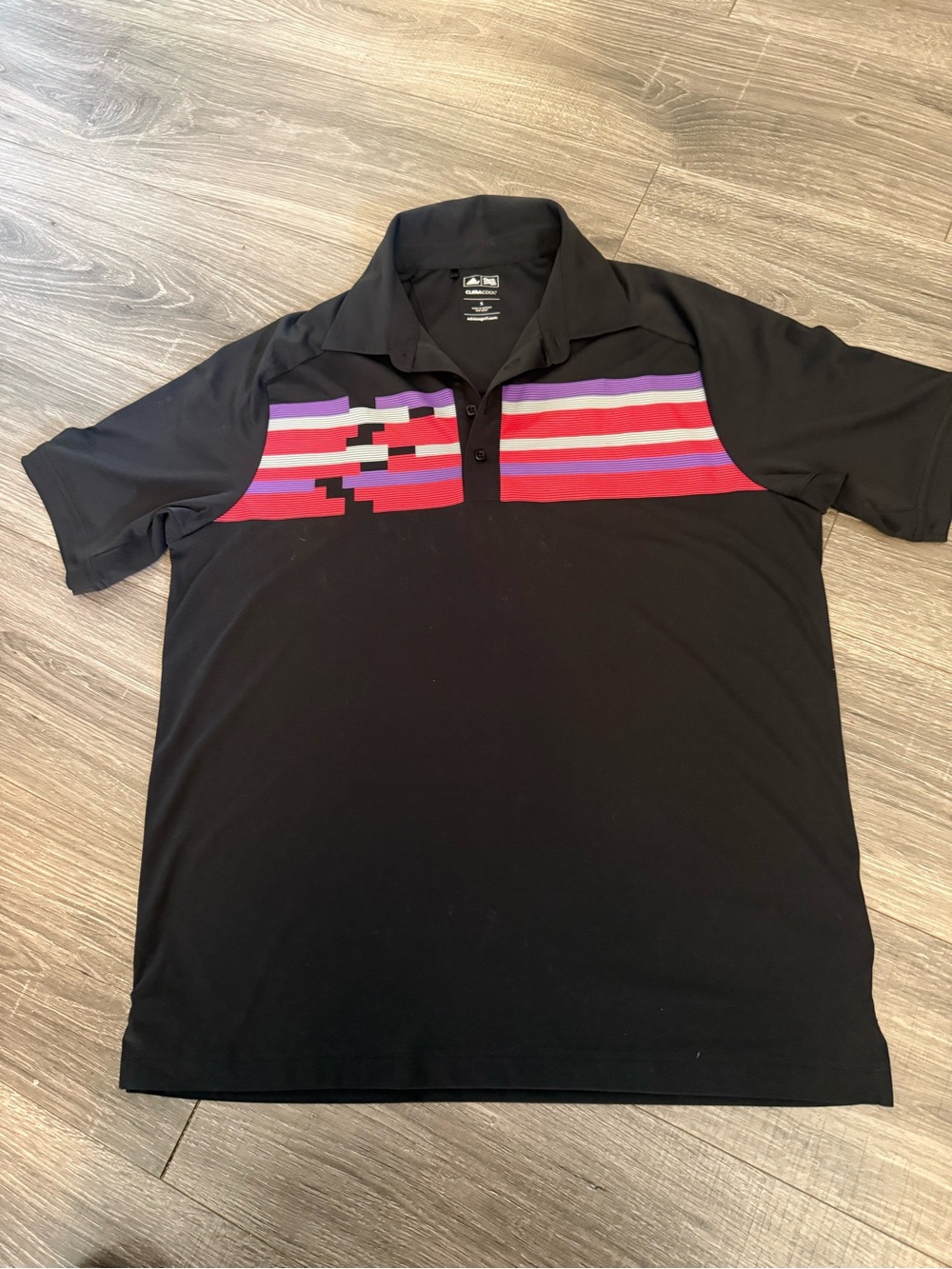 Men’s adidas Black Performance Polo with Red and Purple Stripe Detail